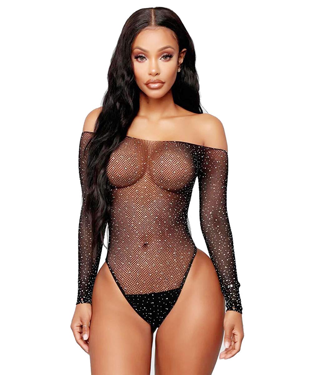 Price:$12.90    Abberrki Women Sexy Sparkle Rhinestone Teddy Fishnet Long Sleeve One Piece Bodysuit (Black, One Size)  Clothing