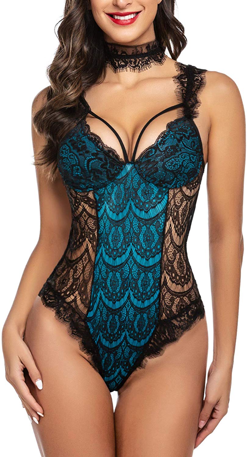 Price:$15.99    ADOME Women Lace Bodysuit Snap Crotch Lingerie Teddy One Piece Babydoll(Blue Green, S)  Clothing