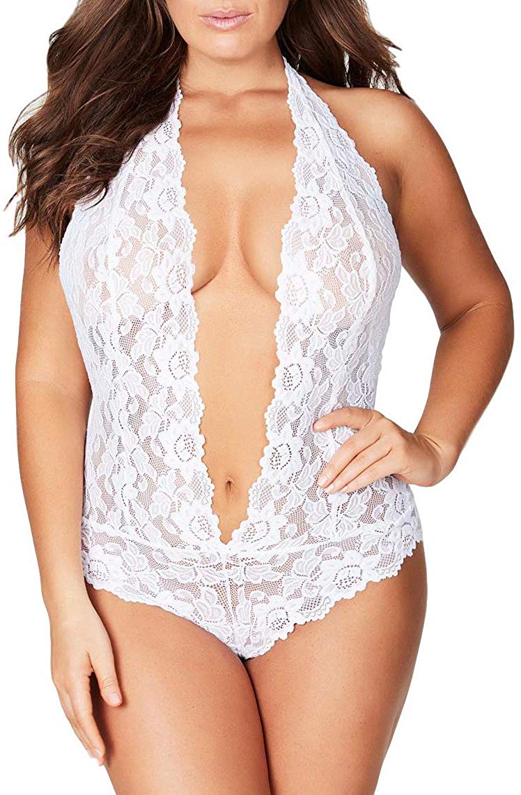 Price:$13.88    Lingerie for Women Plus Size, Sexy Open Back Halter Plunging Teddy One Piece Scalloped Trim Lace Bodysuit(White, M, 6004a)  Clothing