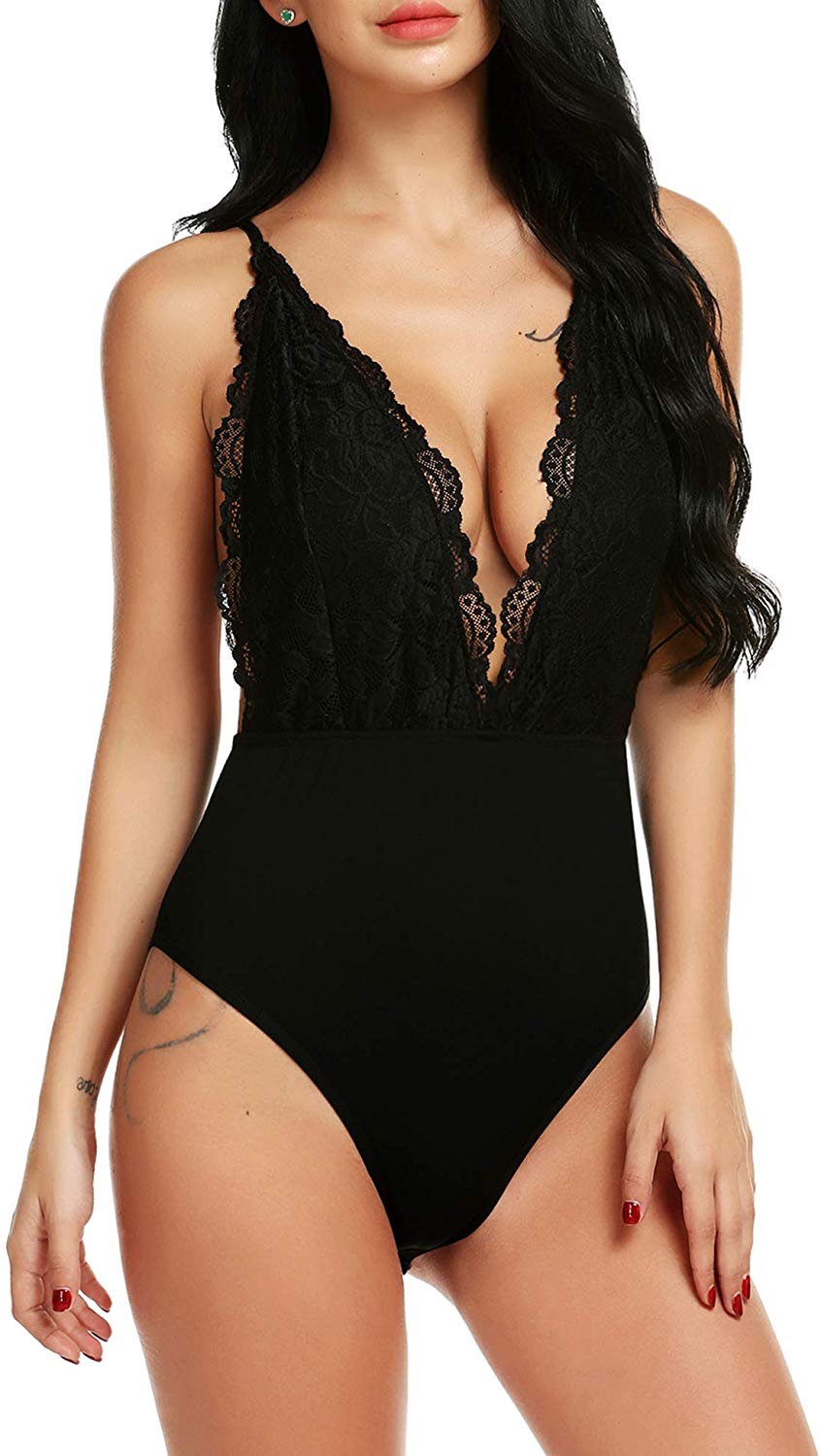 Price:$16.99    Pintimi Lace Bodysuits for Women Sexy One Piece Lingerie Plunging Teddy Black S  Clothing