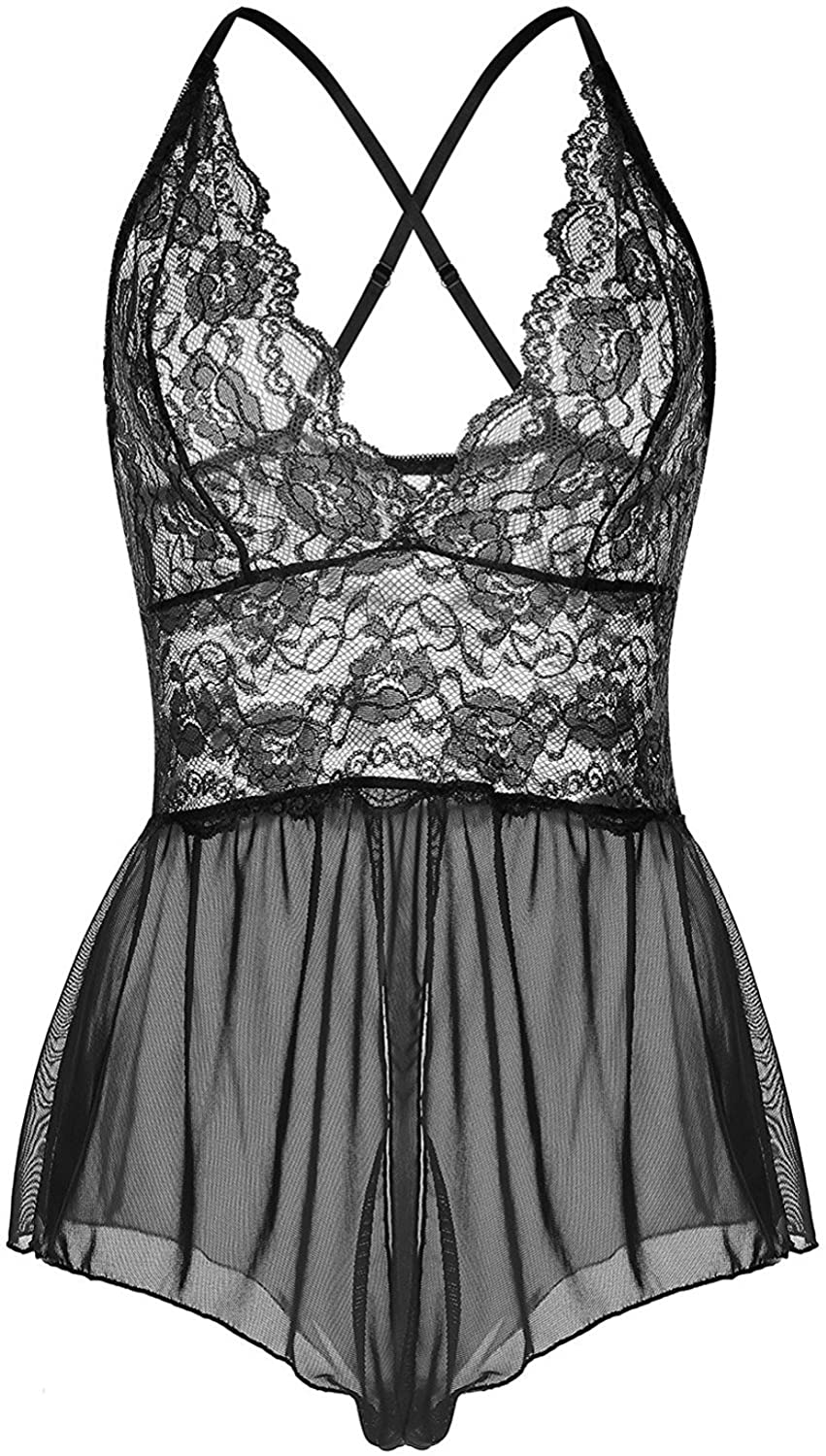 Price:$10.99    Women Lingerie Sheer Lace Mini Babydoll Teddy Sexy Bodysuit Backless Sleepwear (M, Black)  Clothing