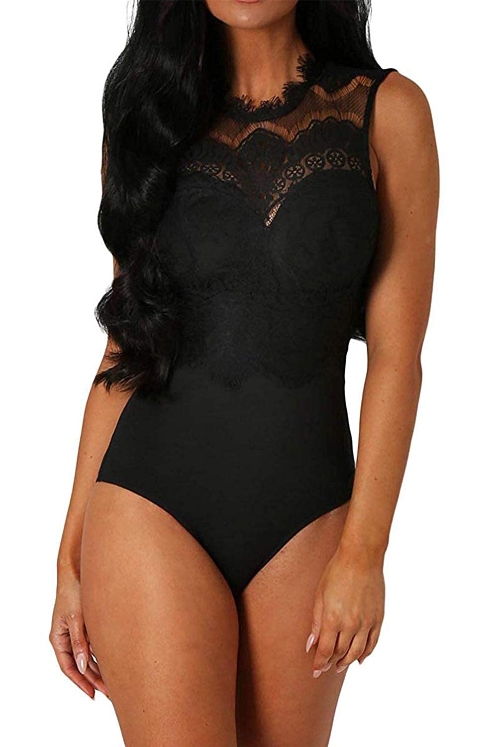 Price:$16.99    Aranmei Womens Sexy Floral Sheer Lace Sleeveless Bodysuit Clubwear Tops, Black, Small  Clothing