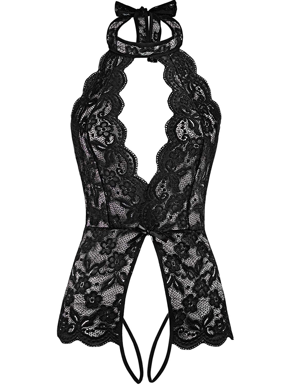 Price:$15.99    ADOME Women One Piece Lingerie Lace Bodysuit Halter Babydolls Deep V Plunging Teddy Nightwear Black M  Clothing