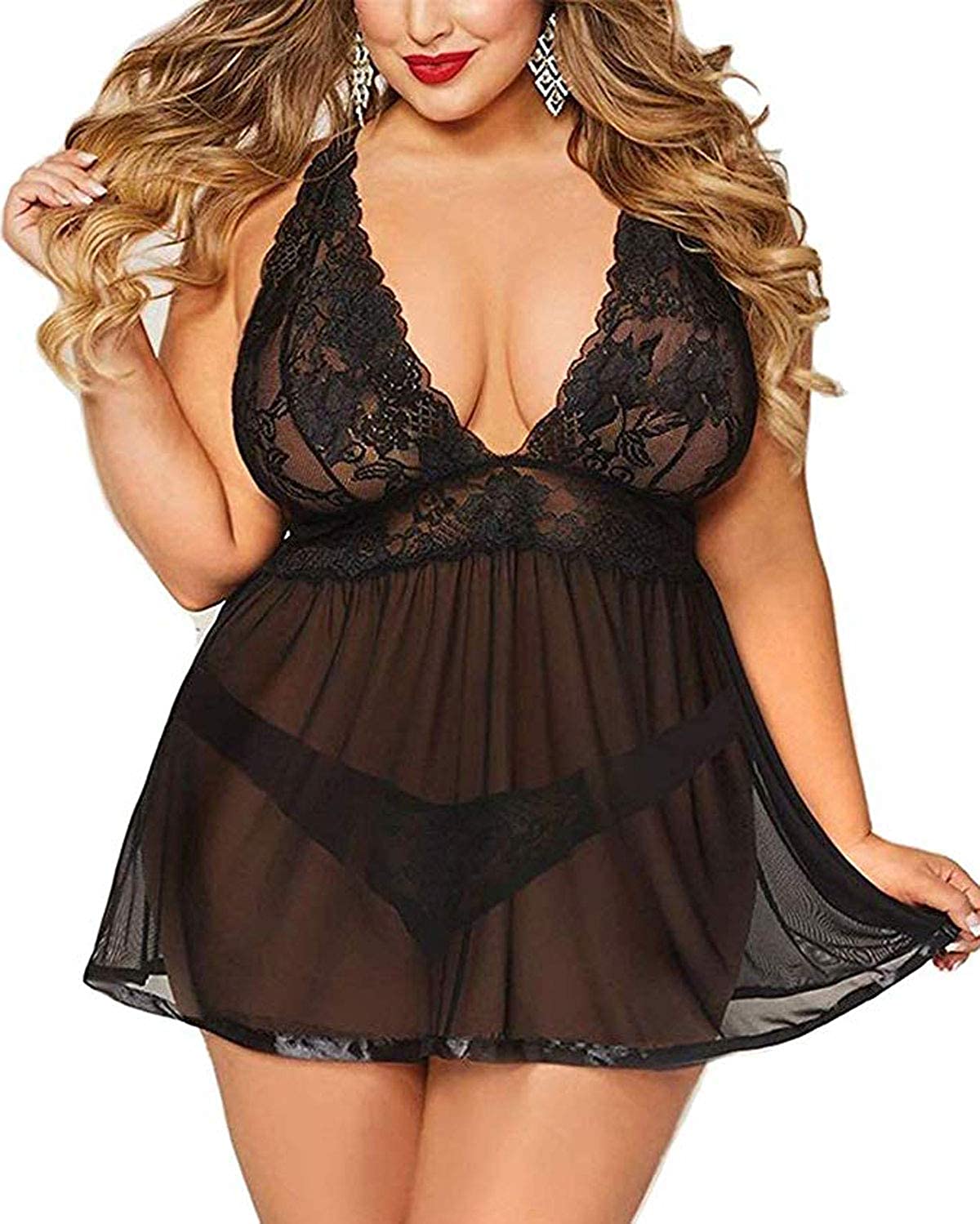 Price:$12.99 Womens Lingerie Lace Babydoll Sleepwear Plus Size (4X-Large, 001 Black) at Amazon Women’s Clothing store