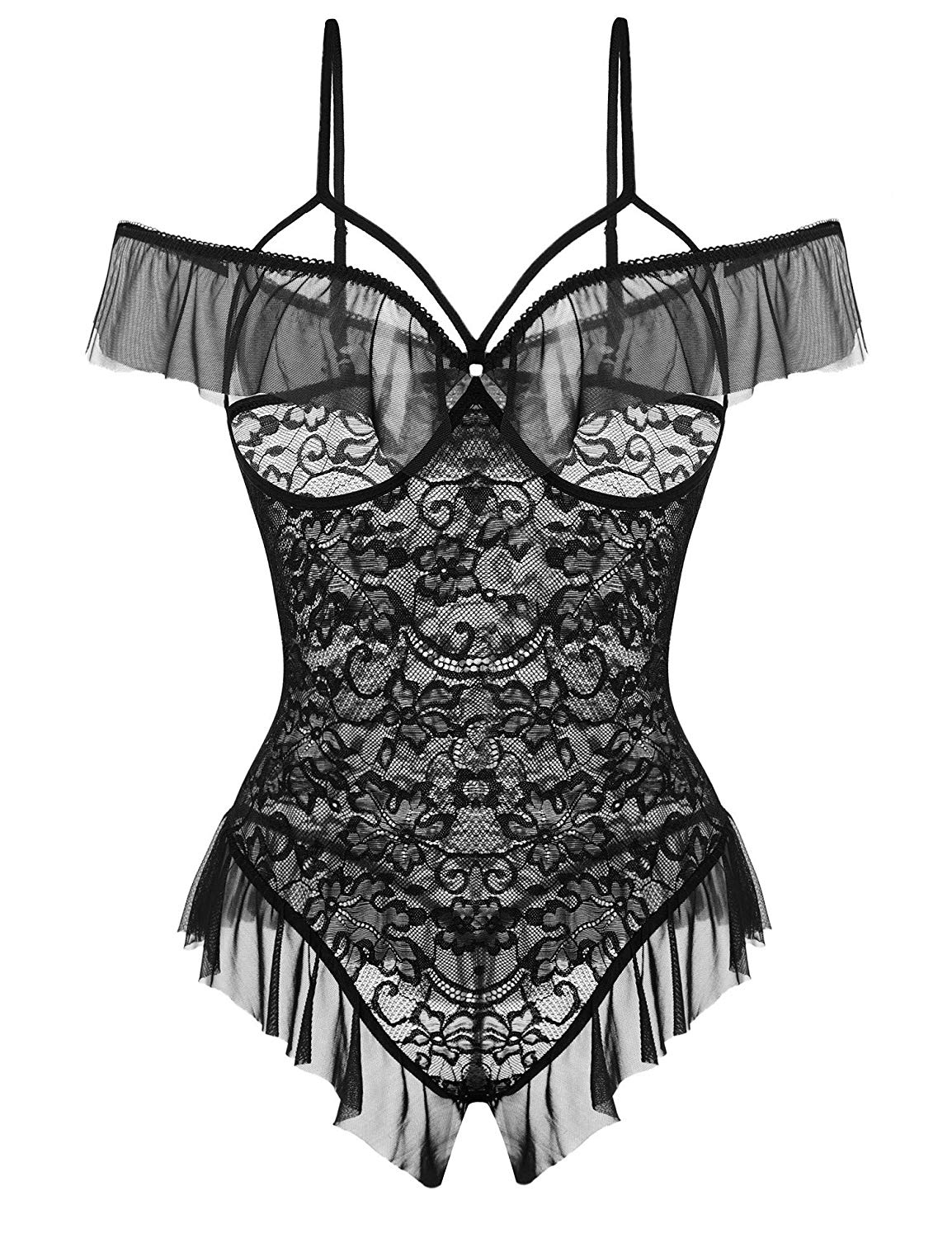 Price:$13.99    klier Women Lingerie One Piece Sexy Babydoll Teddy Bodysuit Nightie Lace Sleepwear Black  Clothing