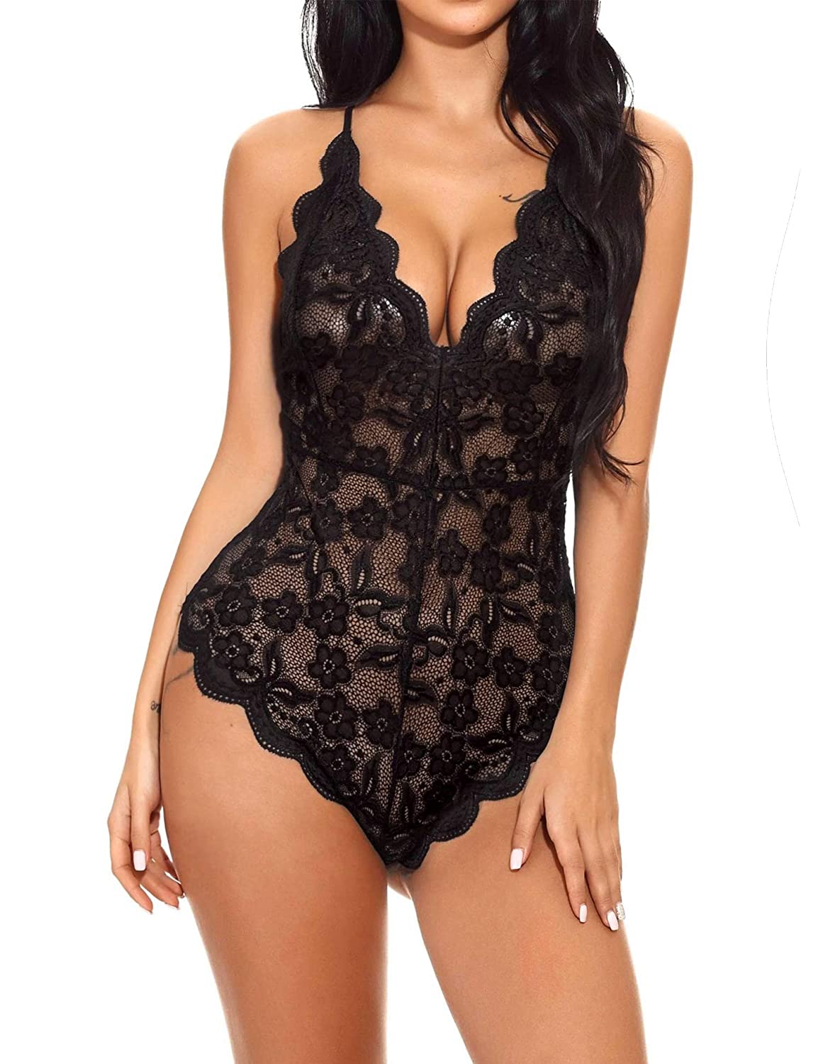 Price:$14.99    Asiluna Women Plus Size Lace Bodysuit Teddy Lingerie One Piece Babydoll Clubwear(Black, L)  Clothing