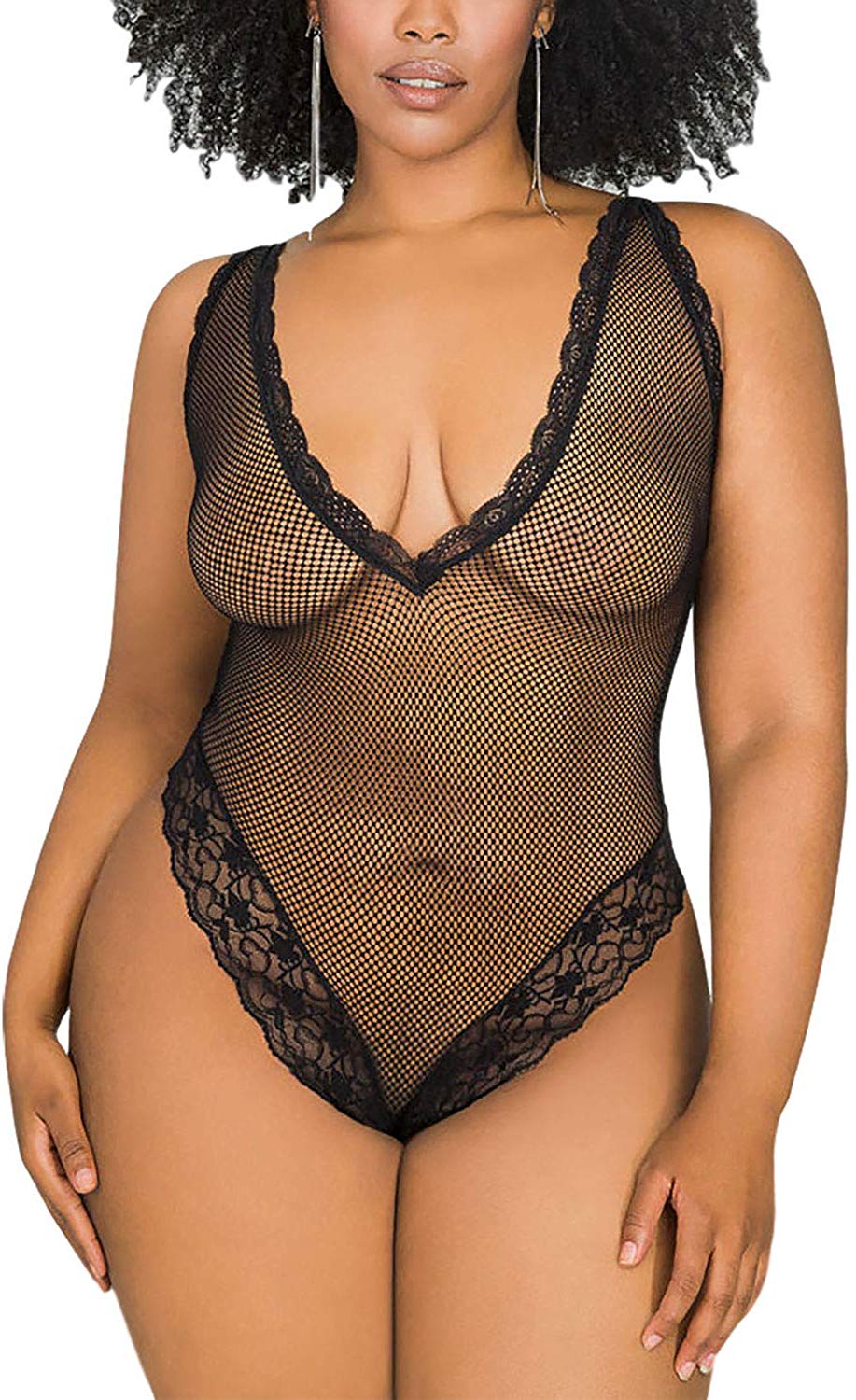 Price:$11.88    JuicyRose Women Sexy Plus Size Lingerie, V-Neck Fishnet Lace Teddy (Black, L)  Clothing