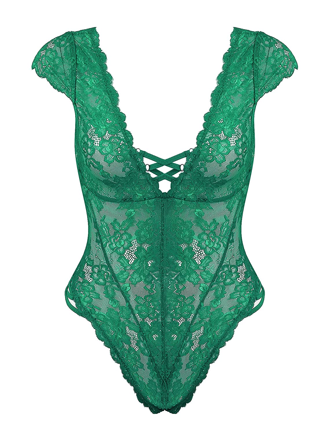 Price:$16.99    Amorbella Lingerie for Women Eyelash Lace Bodysuit Sexy Sheer Clubwear Tops (Army Green, Small)  Clothing