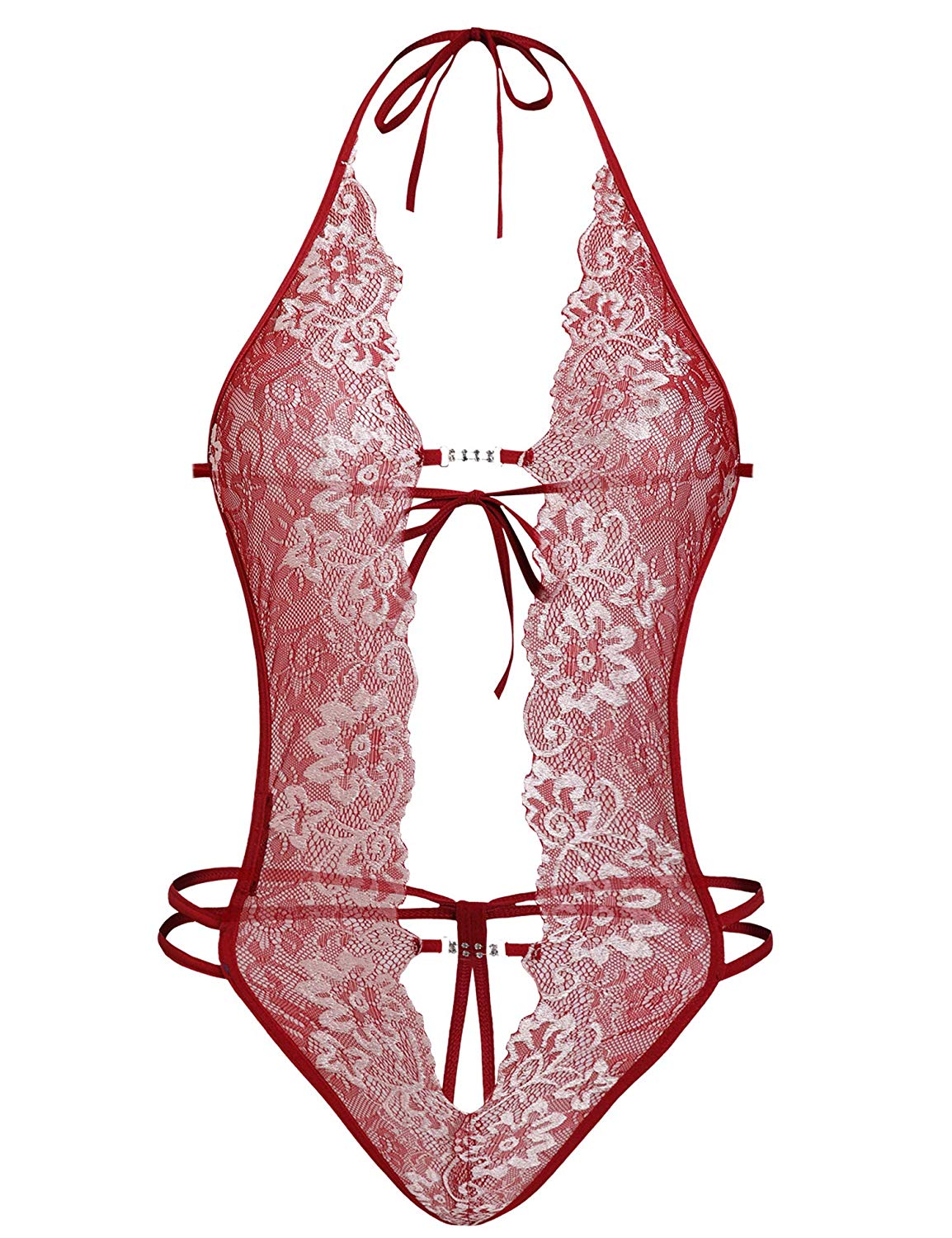 Price:$11.99    LALAVAVA Women Sexy Teddy Lingerie Floral Lace Babydoll V Neck Strappy Bodysuits (Red, S)  Clothing