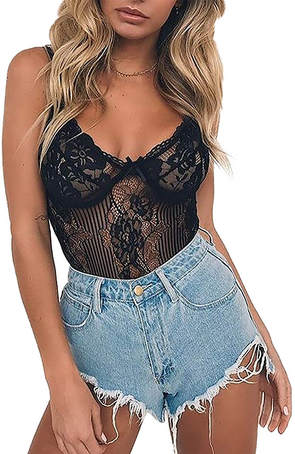 Price:$11.88    Women Mini Bodysuit Lingerie Deep V Lace Teddy Underwear One Piece(Black, US XS=Tag S)  Clothing