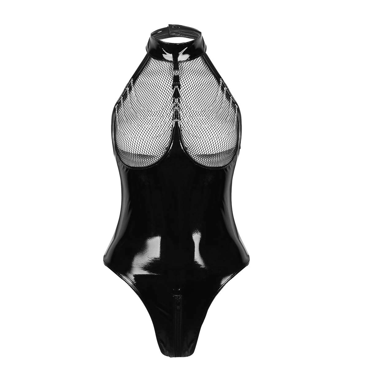 Price:$5.95    winying Womens One Piece Shiny Metallic PVC Leather Halter Neck Zipper Crotch Leotard Bodysuit Black Small  Clothing