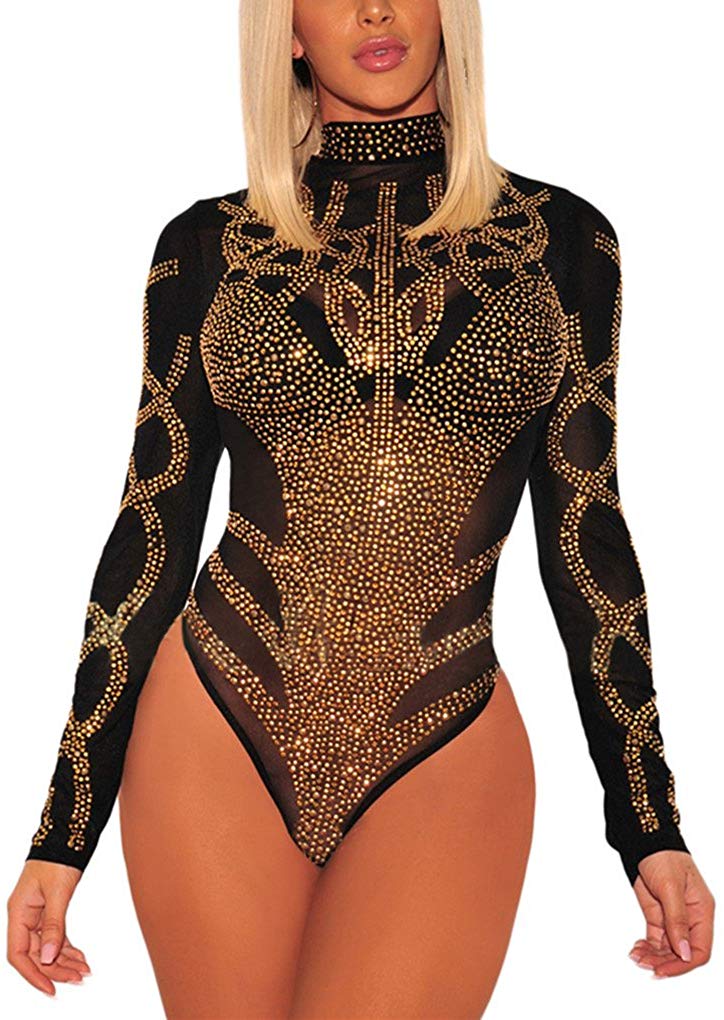 Price:$18.99 Gludear Women's Sexy Rhinestone Sheer Mesh Long Sleeves Bodysuits Clubwear, Black, S at Amazon Women’s Clothing store