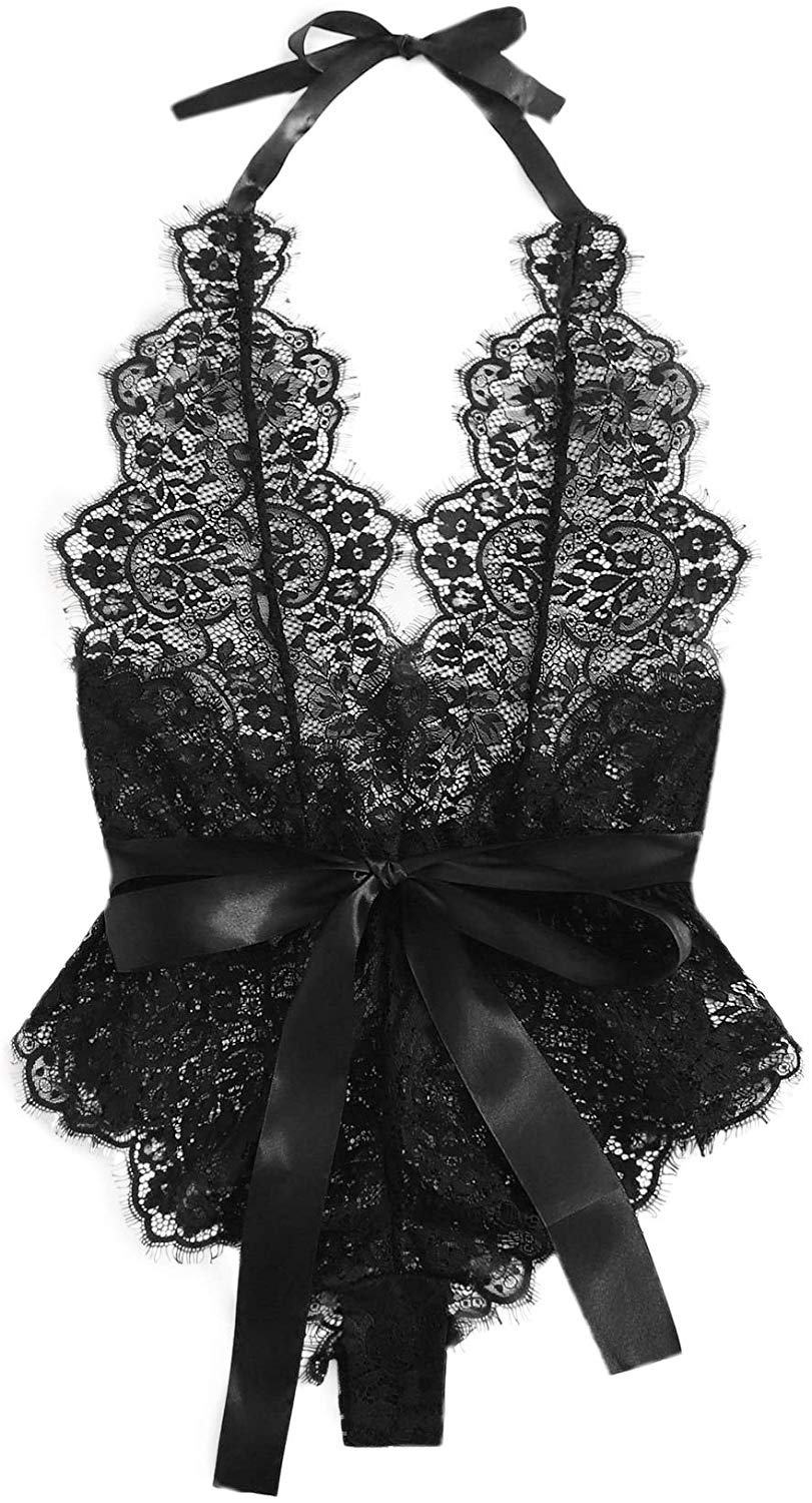 Price:$14.99 SheIn Women's One Piece Lingerie Sheer Lace Halter Teddy Bodysuit Backless Nightwear Small Black at Amazon Women’s Clothing store