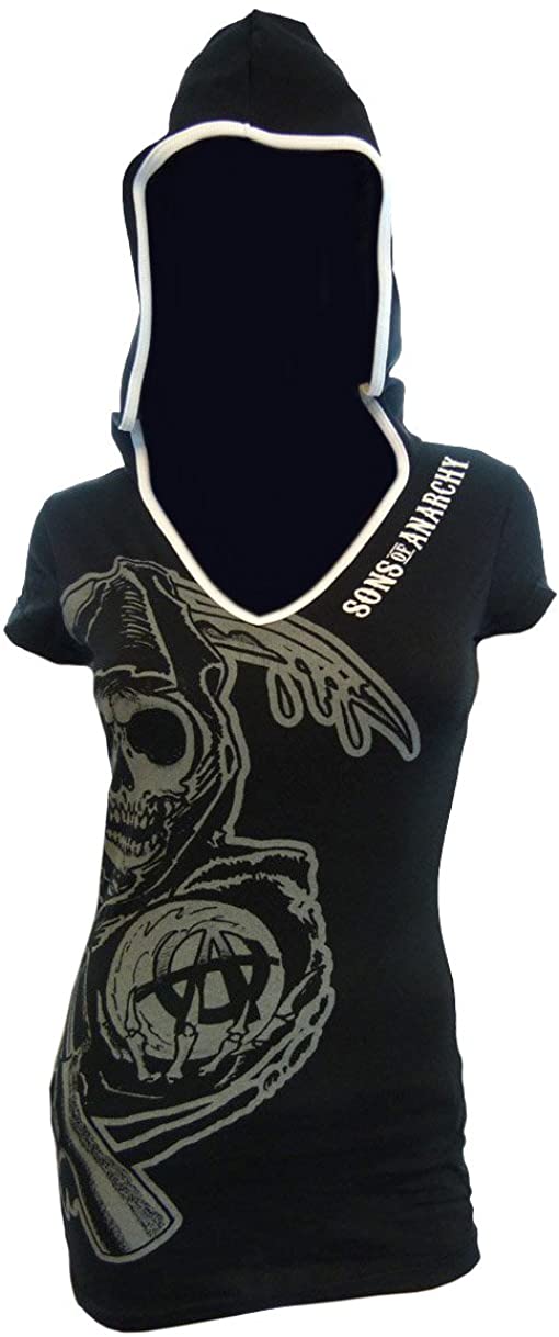 Price:$17.95 Sons of Anarchy Subliminal Reaper Hooded Juniors Black Cover Up (Juniors Small) at Amazon Women’s Clothing store  Movie And Tv Fan T Shirts