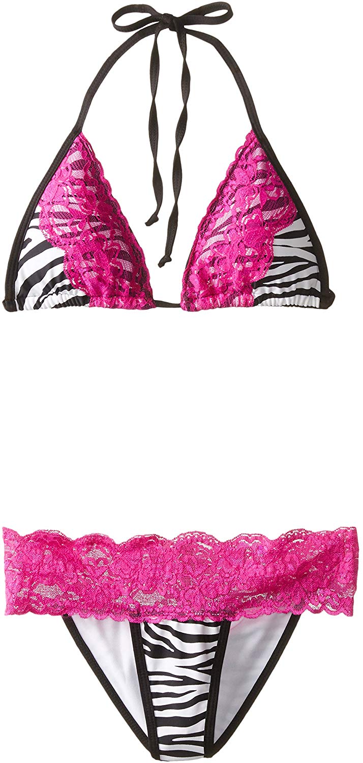 Price:$29.99    Daisy Beachwear Zebra Pucker Back Bikini with Pink Lace Trim Large  Clothing