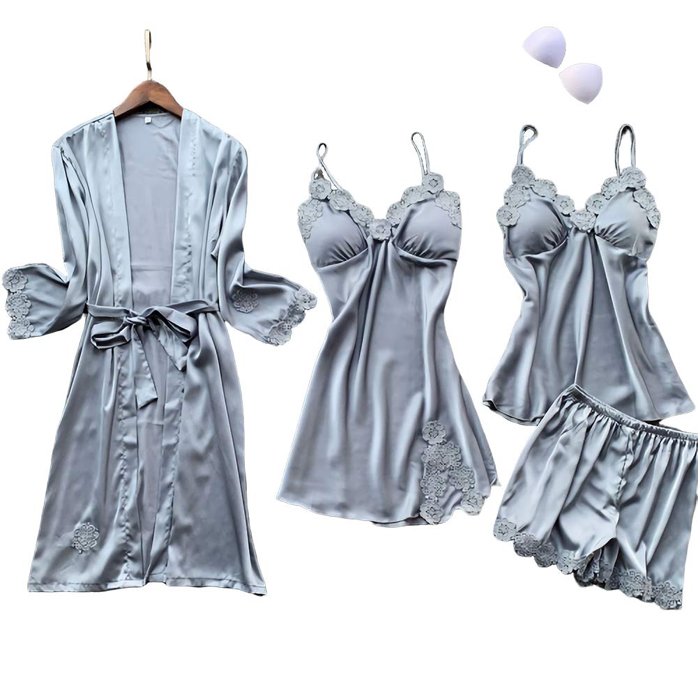 Price:$33.99    SAPJON Women's 4pcs Silk Satin Pajama Set Sexy Cami Top Nightgown Lace Sleepwear Robe Sets Nightdress with Chest Pads Grey  Clothing