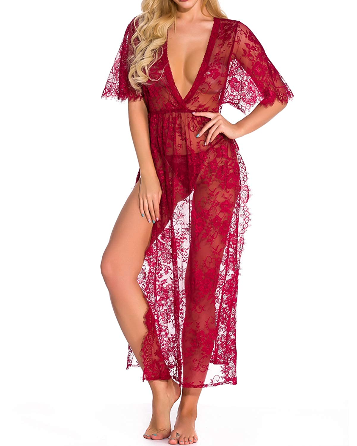 Price:$16.99    Women's Deep V Neck Sexy Lace See Through High Slit Long Lace Romper (Jujube Red, S)  Clothing