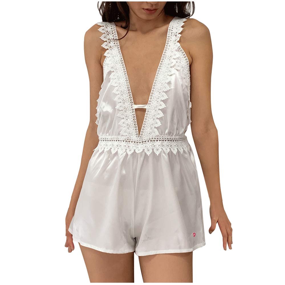 Price:$14.99    LICKLIP Sleep Romper Lace V Neck Stretchy Waist Teddy Pajama Jumpsuit Women White  Clothing