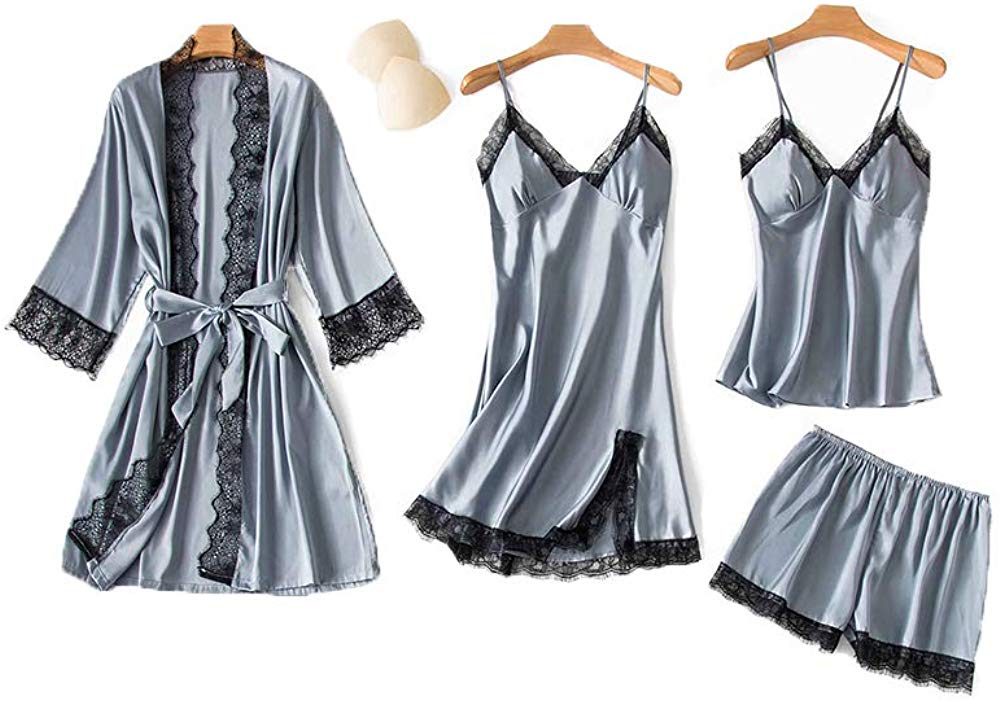 Price:$32.99 SAPJON Women's 4pcs Silk Satin Pajama Set Cami Top Nightgown Lace Sleepwear Robe Sets Sexy Nightdress with Chest Pads at Amazon Women’s Clothing store