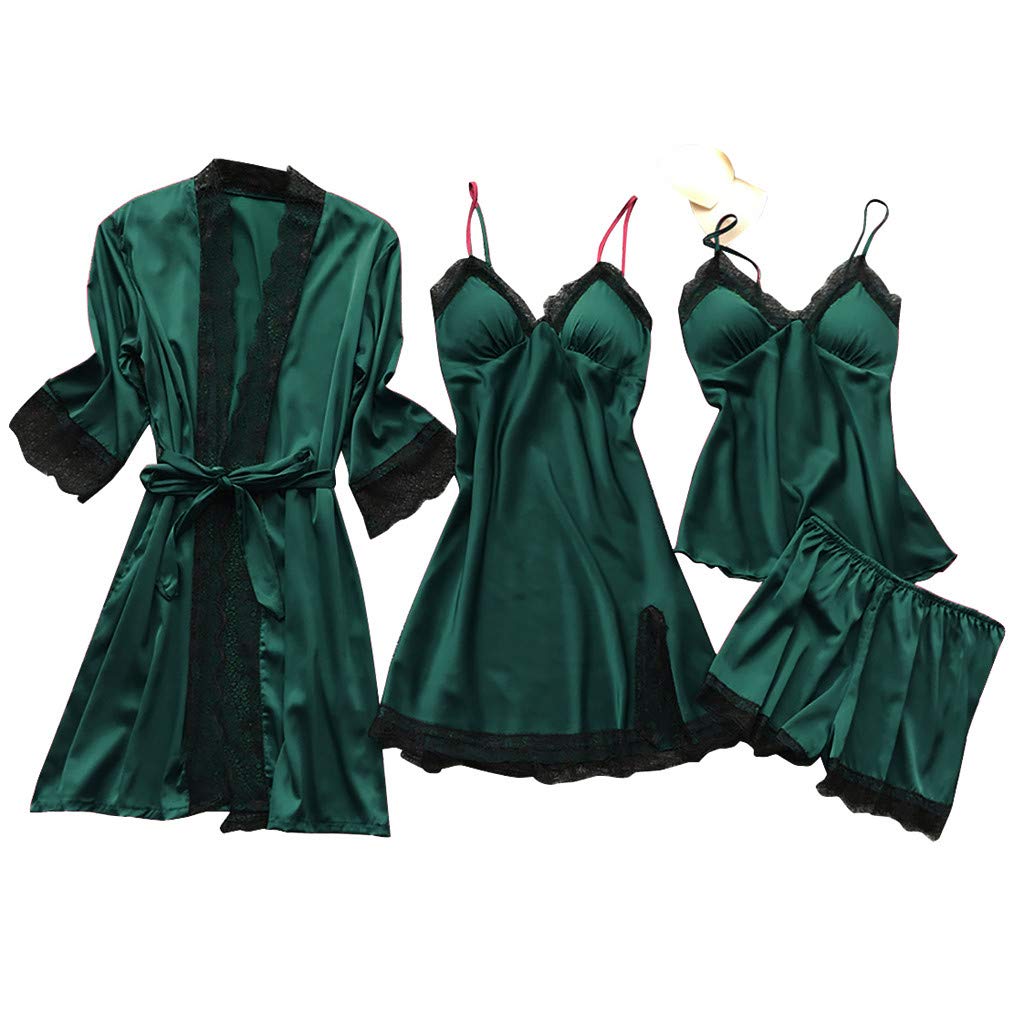 Price:$66.66    QUNANEN Lingerie Women Silk Lace Robe Dress Babydoll Sleepwear Nightdress Pajamas Set Sleepskirt Nightgown Robe Army Green  Clothing