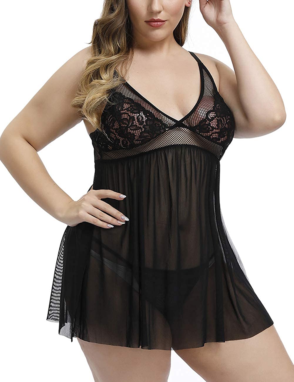 Price:$5.99 DECOOL Women's Plus Size Lingerie Babydoll Lace Mesh Chemise Sleepwear Black XL at Amazon Women’s Clothing store