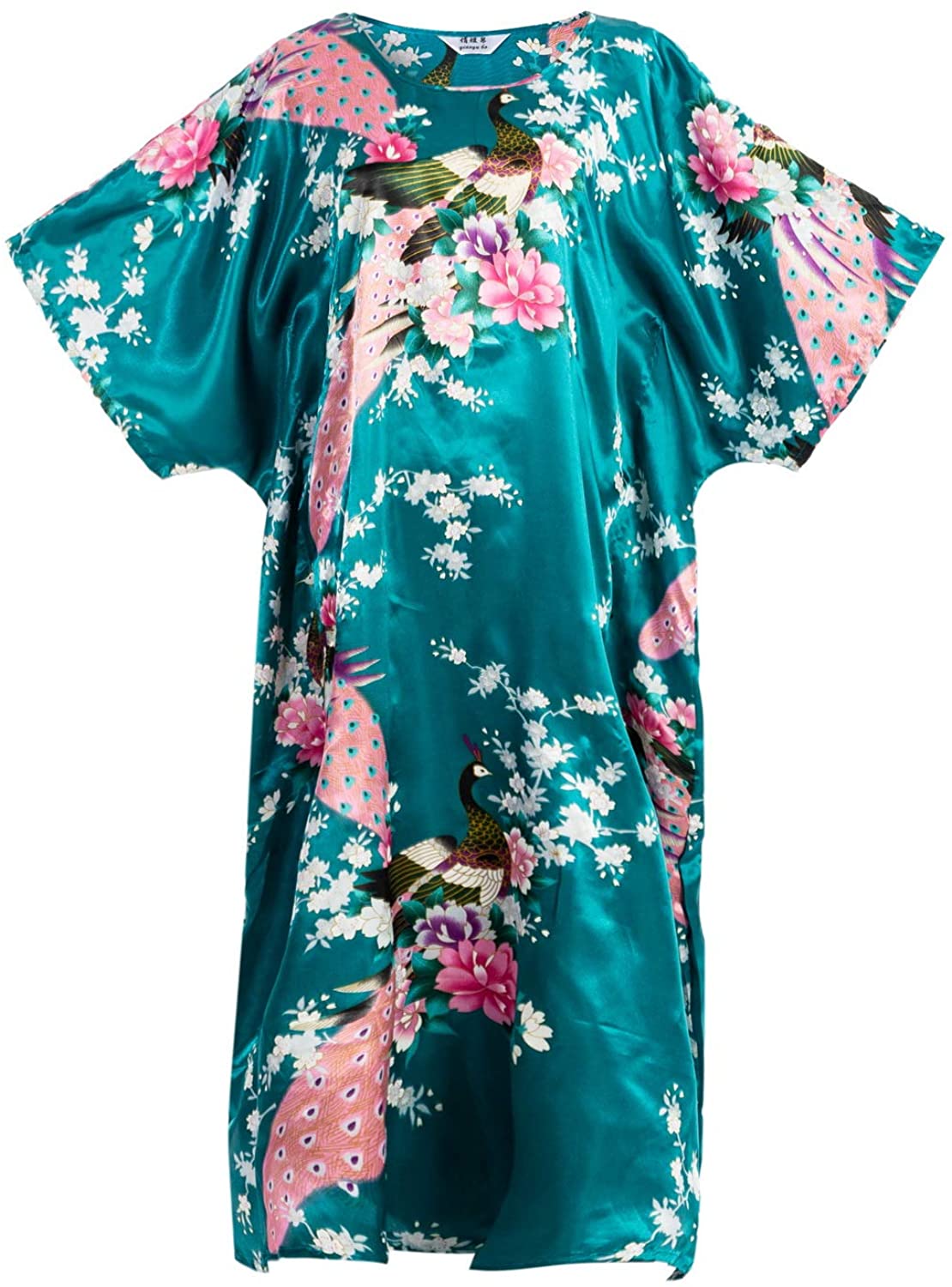 Price:$13.99    Asian Home Flower Peacock Satin Silk Kimono Dress, Nightgown, Dressing Gown (Aqua)  Clothing