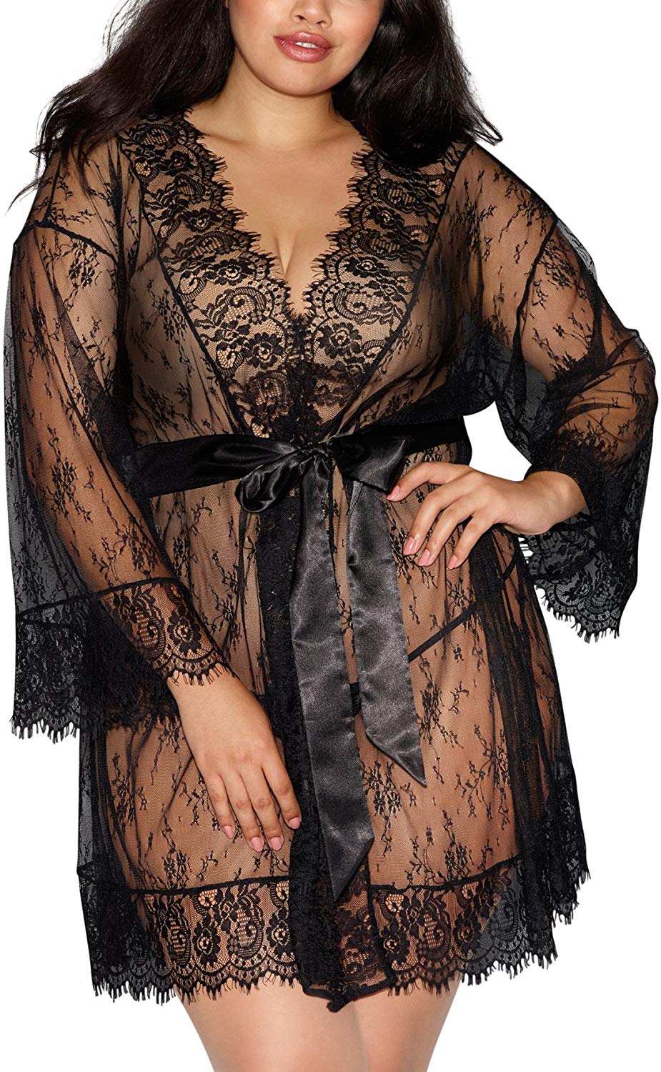 Price:$39.17    Dreamgirl Women's Plus Size Lace Kimono Robe, Black, 1X  Clothing
