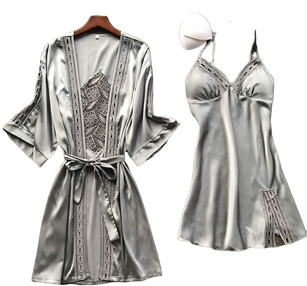 Price:$25.99    SAPJON Women's 2pcs Silk Satin Pajama Set Nightgown Lace Sleepwear Robe Sets Sexy Nightdress with Chest Pads Grey  Clothing