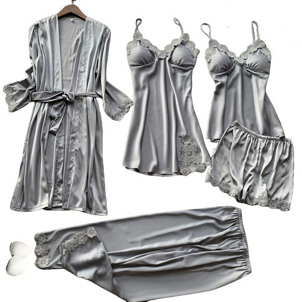 Price:$36.99    SAPJON Women's 5pcs Silk Satin Pajama Set Sexy Cami Top Nightgown Lace Sleepwear Robe Sets Nightdress with Chest Pads Grey  Clothing