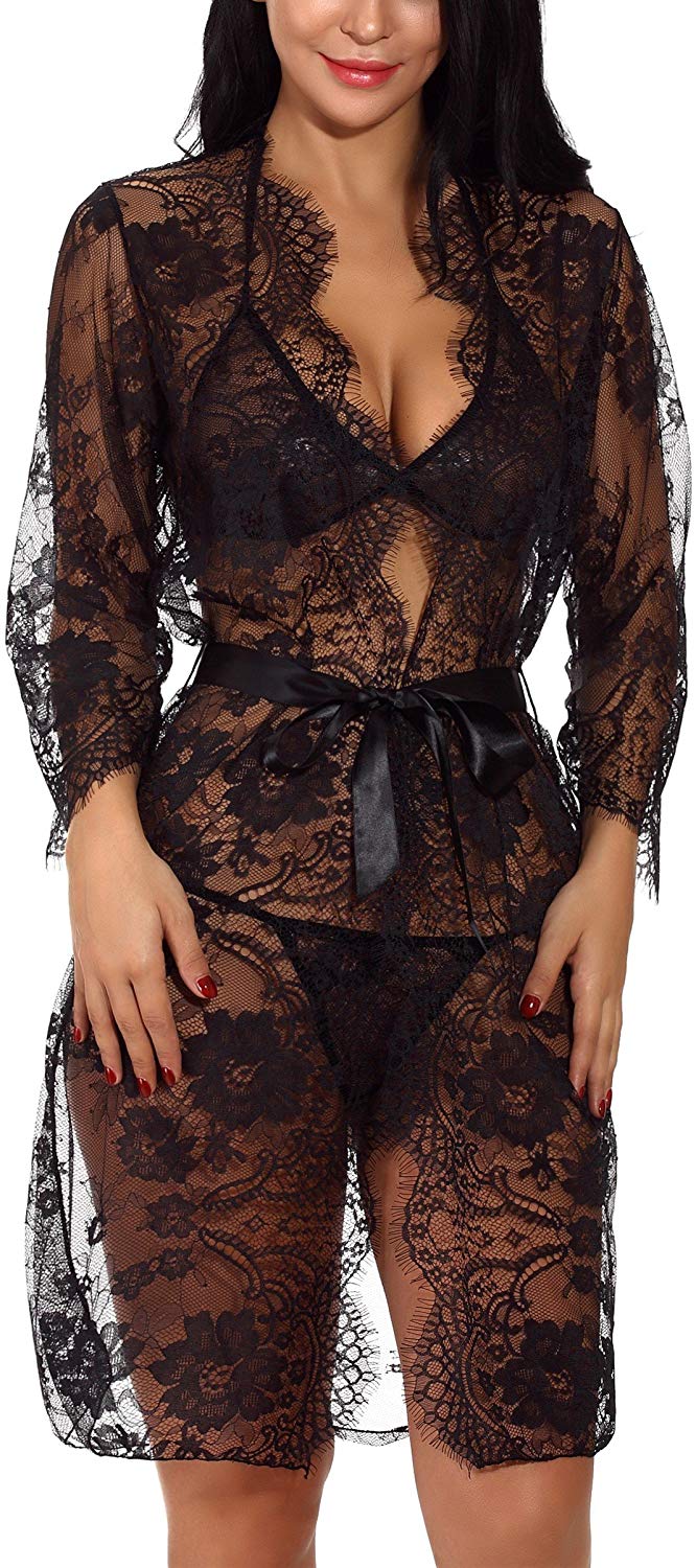 Price:$14.99    XYlove Women's Sexy Lace Long Robe Lingerie Set(4 Pieces)(Black-S)  Clothing