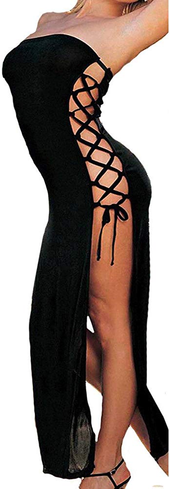 Price:$2.80    ZoePets Women Side Hollow Out Lace Up TubeTop Babydoll Long Sleep Dress Hight Waist Split Sexy Badage Dress(Black, S)  Clothing