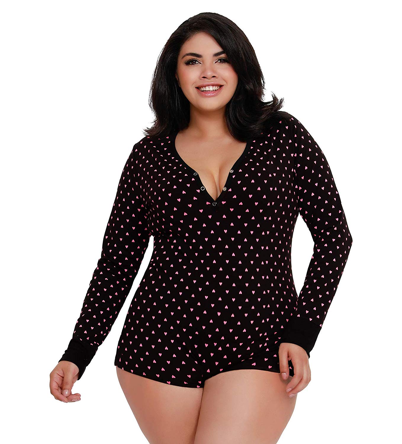 Price:$45.00    Dreamgirl Women's Plus Size Heart Print Henley Style Short Romper Pajama, Black/Fuchsia, 1X  Clothing