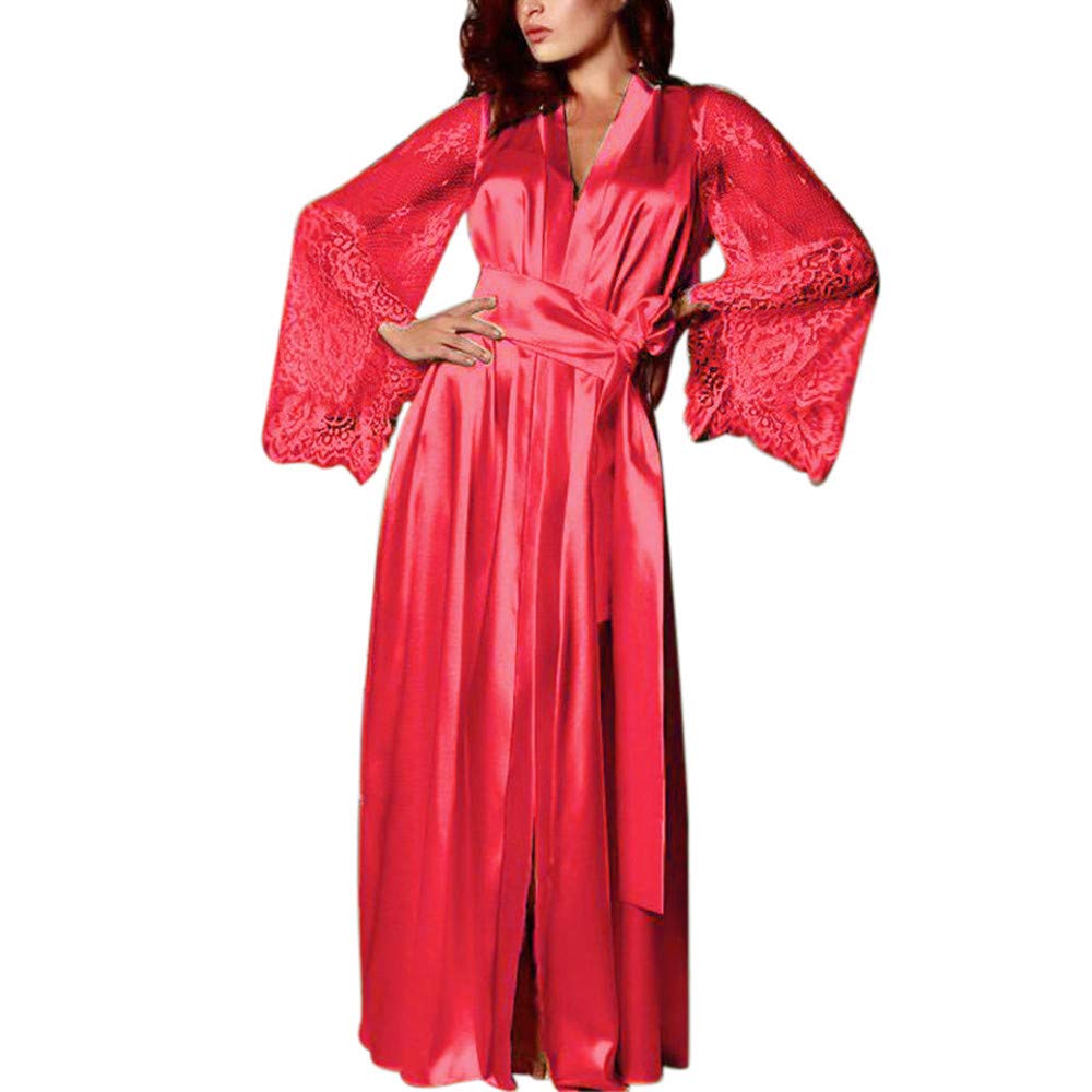 Price:$44.95    Women Satin Long Nightdress Silk Lace Lingerie Perspective Sleeve Sleepwear Robe (M, Red)  Clothing