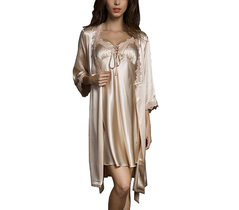 Price:$25.99    SAPJON Women Satin Nightgown with Robe Set Silk Lace Pajama Sexy Night Robe Gown Set 2 Piece Short Slip Sleepwear Champagne  Clothing
