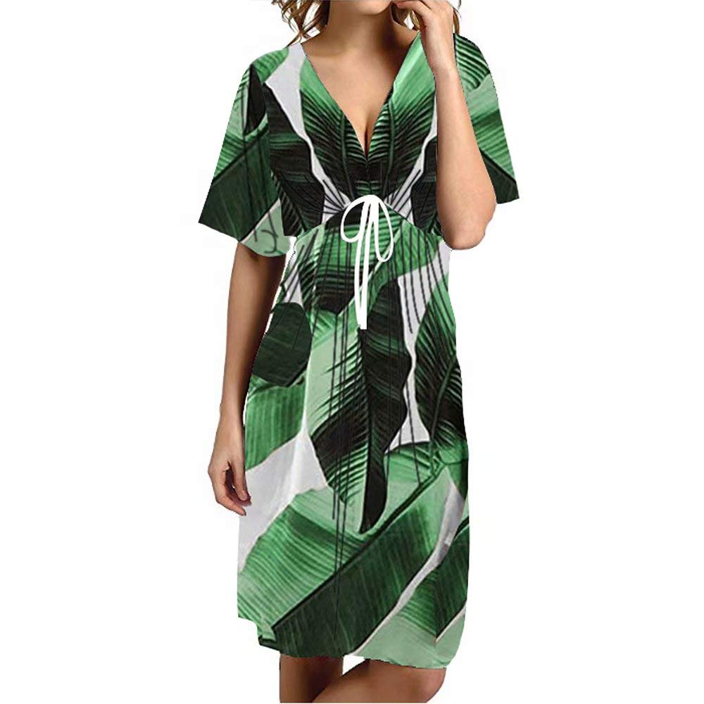 Price:$13.71    FacnyPrintMe Womens V Neck Boho Leaf Floral Tropical Beach Casual Sun Dresses S Green  Clothing