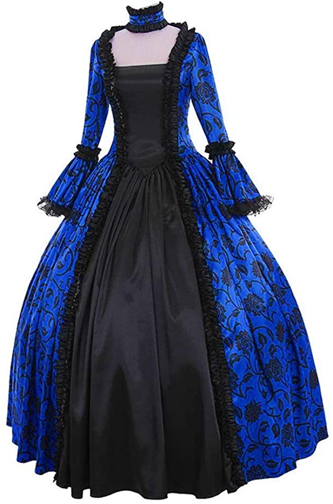 Price:$26.69    Women Fall Winter Retro Medieval Renaissance Gothic Floral Printed Ball Gowns Halloween Party Dress Blue  Clothing