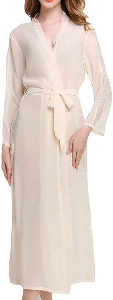 Price:$19.99 Asherbaby Womens Sexy Sheer Bridal Sleepwear Lace Lingerie Long Kimono Robes Champagne at Amazon Women’s Clothing store