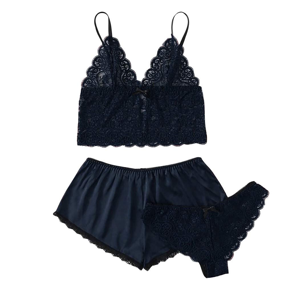 Price:$5.94    LUKALUKADA Silk Pajamas Sexy Satin Lingerie Lace Shorts Set Women Underwear Sleepwear Three-Piece Suit Pajamas S-XL Blue  Clothing