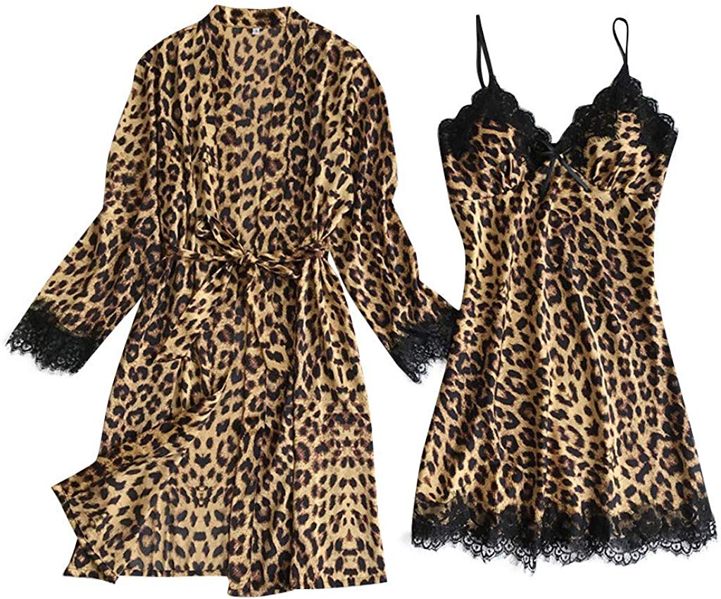 Price:$5.99    LANGMAN Women's Pajamas Set Leopard Lace Trim Kimono Robe and Chemise Nightgown Pj Set Sleepwear Nightwear Brown  Clothing