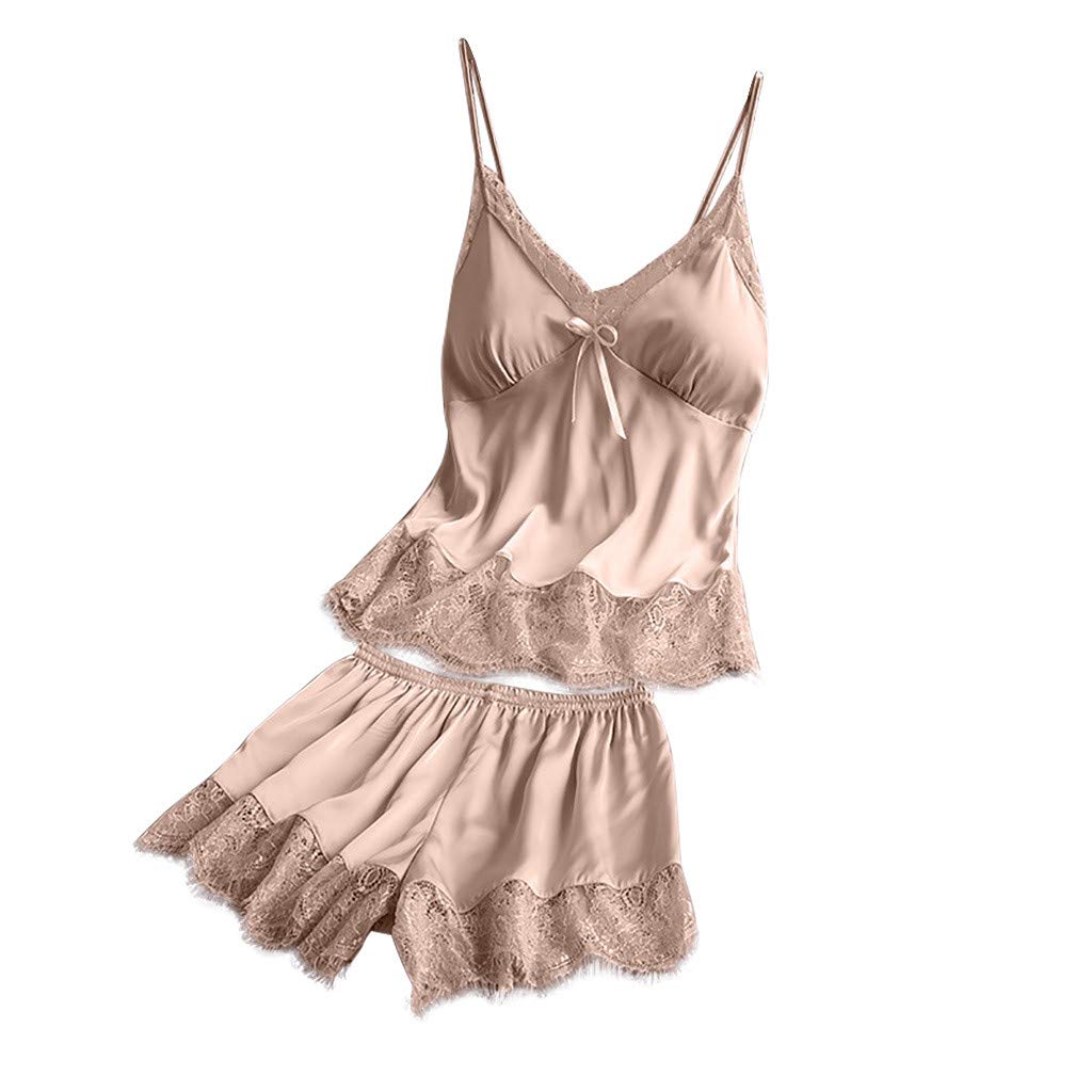 Price:$4.30    Women's Lace Silk Lingerie Nightdress Solid Color V-Neck Pajamas Bathrobe Robes Satin Nightdress Sleepwear Set (S, Beige)  Clothing