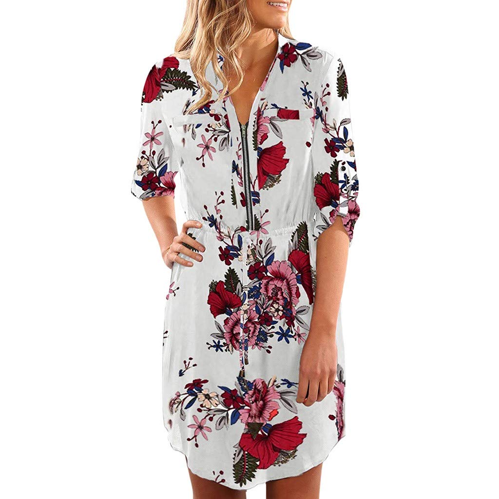 Price:$9.59    LQRACHEL Bohemian Clothing for Women Summer Beach Dresses Printed Casual Chiffon Dresses White  Clothing