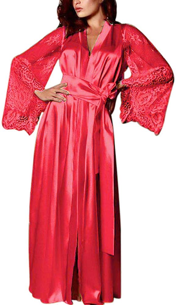 Price:$44.95    Women Satin Long Nightdress Silk Lace Lingerie Perspective Sleeve Sleepwear Robe (M, Red)  Clothing