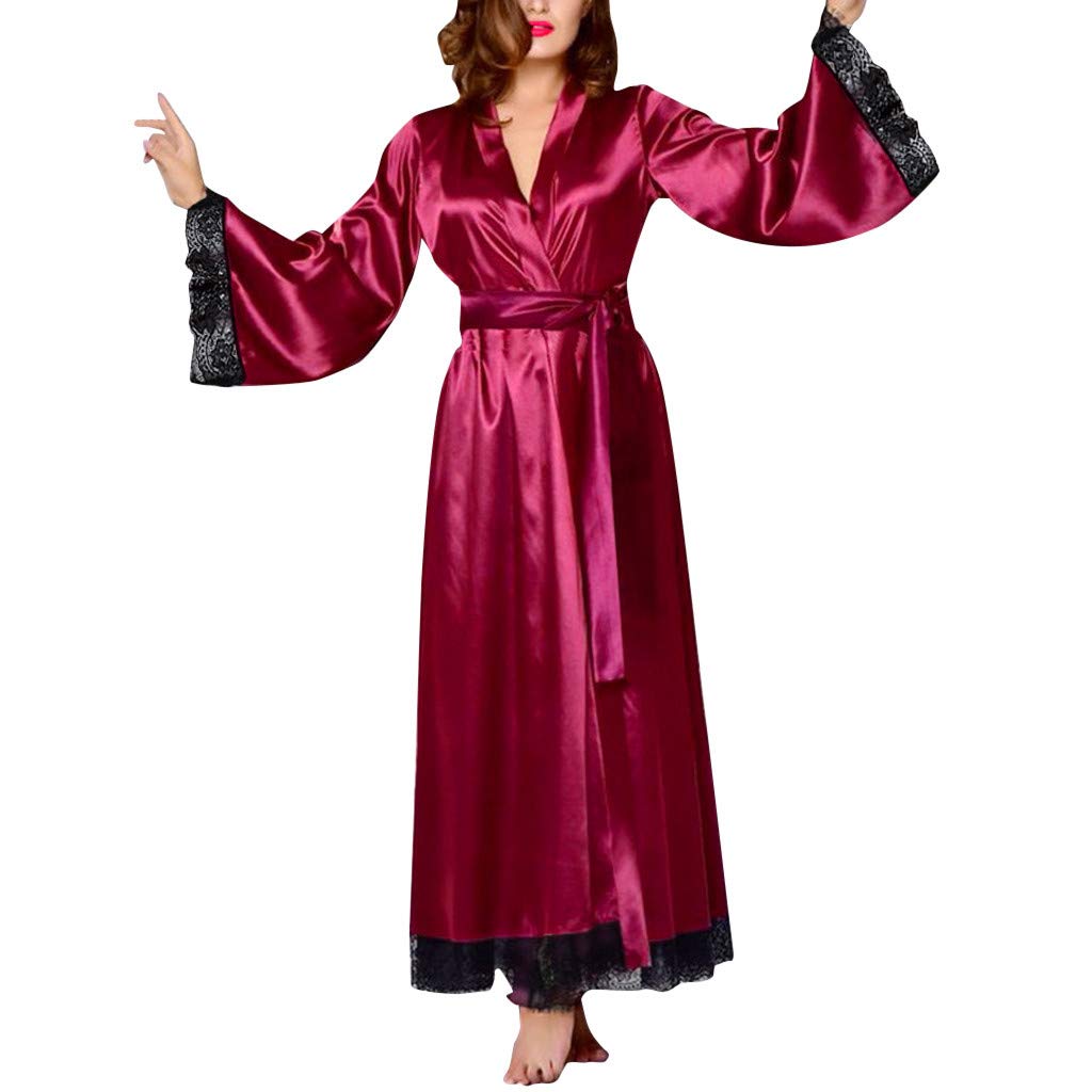 Price:$5.37    Sunggoko Women Sexy Long Silk Dressing Bath Robe Lace Lingerie Wine Red Nightdress Robes Nightgowns Sleepshirts Wine S  Clothing