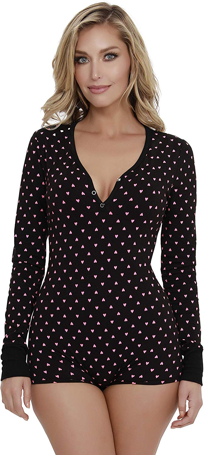Price:$46.00    Dreamgirl Women's Heart Print Henley Style Short Romper Pajama, Black/Fuchsia, Small  Clothing