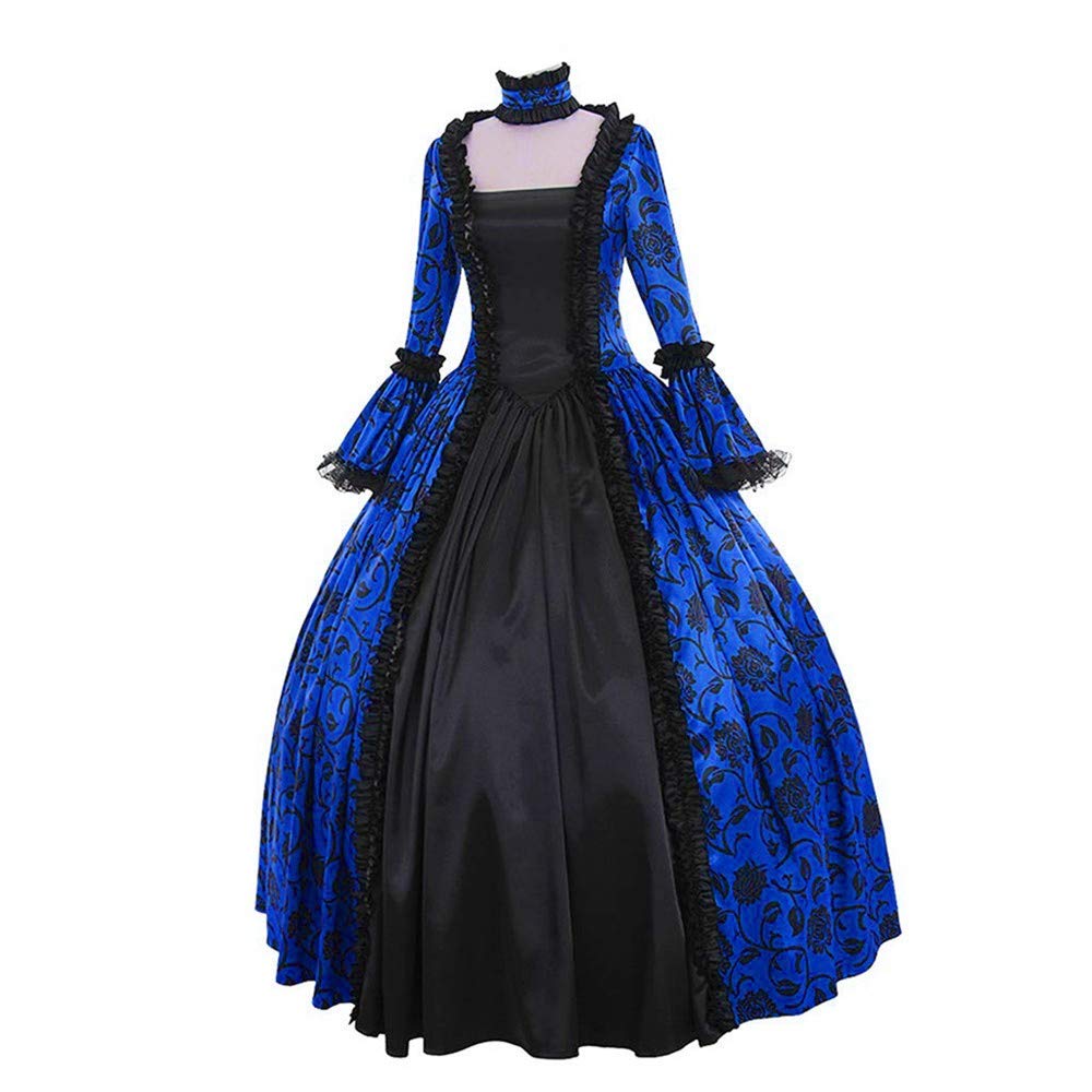Price:$26.69    Women Fall Winter Retro Medieval Renaissance Gothic Floral Printed Ball Gowns Halloween Party Dress Blue  Clothing