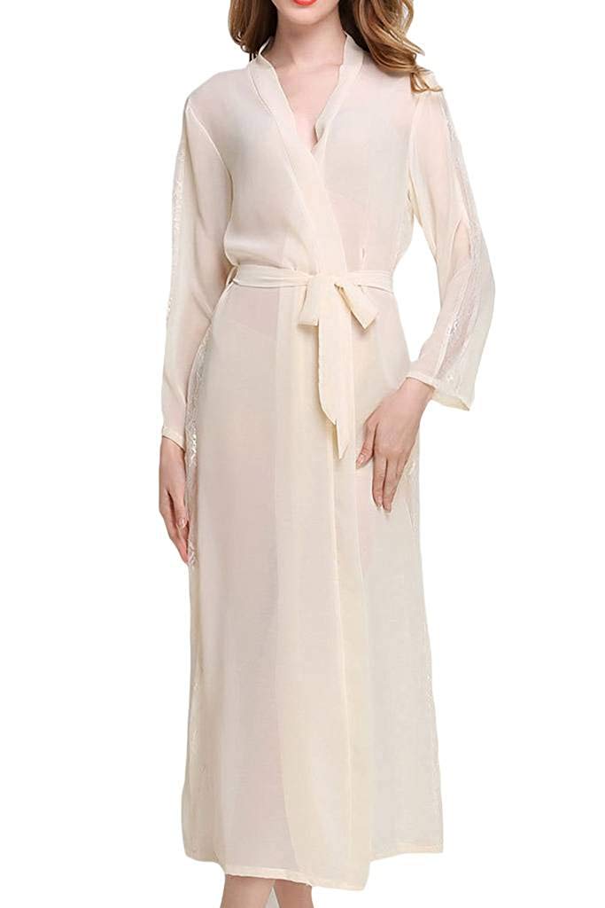 Price:$19.99 Asherbaby Womens Sexy Sheer Bridal Sleepwear Lace Lingerie Long Kimono Robes Champagne at Amazon Women’s Clothing store