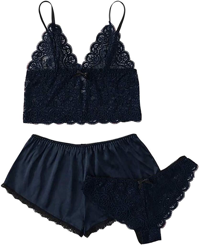 Price:$5.94    LUKALUKADA Silk Pajamas Sexy Satin Lingerie Lace Shorts Set Women Underwear Sleepwear Three-Piece Suit Pajamas S-XL Blue  Clothing