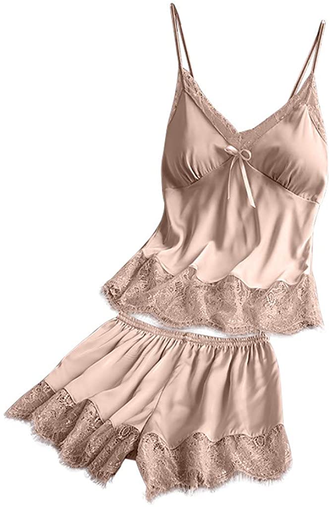 Price:$4.30    Women's Lace Silk Lingerie Nightdress Solid Color V-Neck Pajamas Bathrobe Robes Satin Nightdress Sleepwear Set (S, Beige)  Clothing