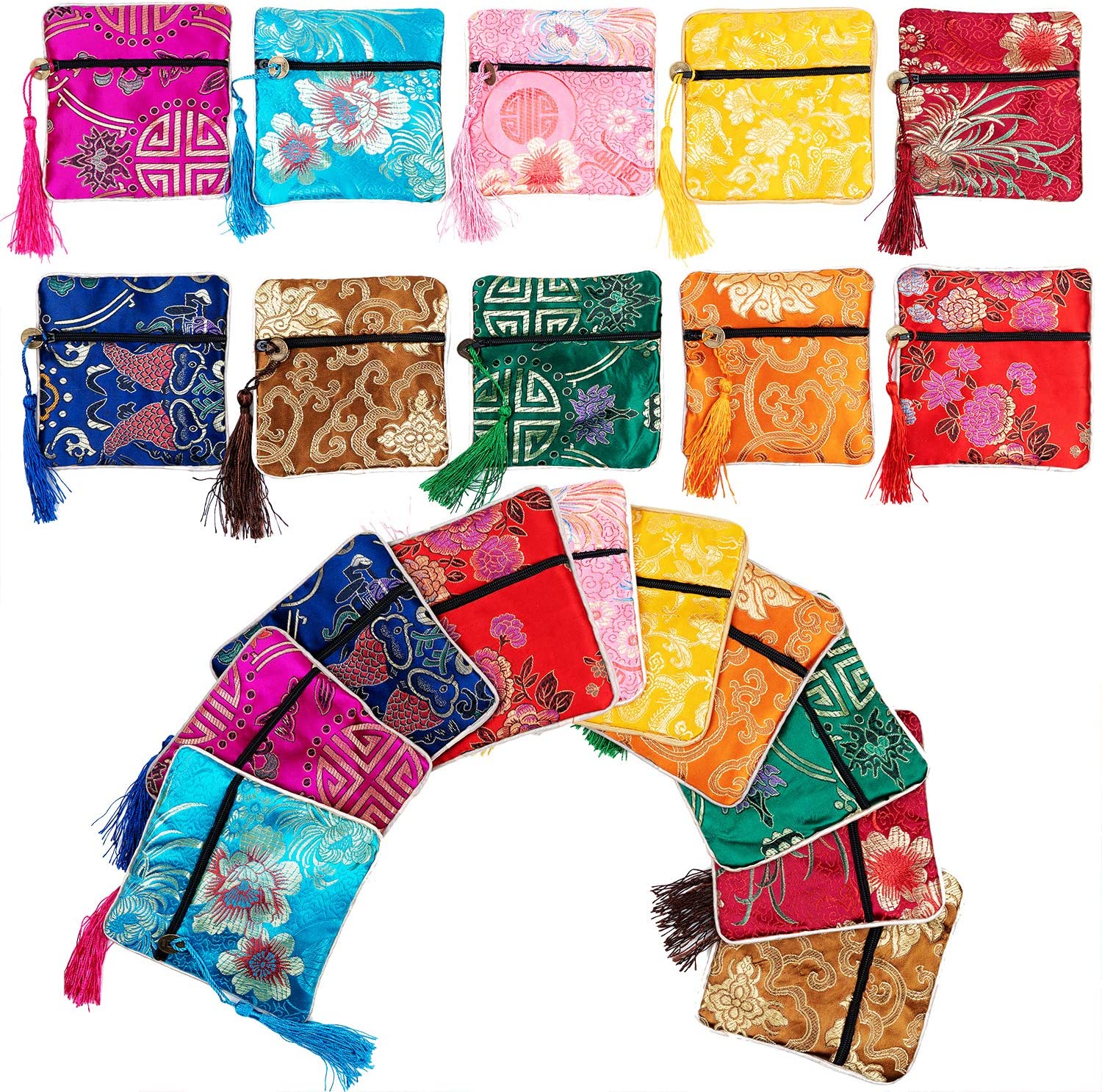 Price:$15.50    20Pcs Silk Purse Pouch with Tassel Brocade Coin Bags Sacket Zipper Jewelry Gift Bag Pouches Small Chinese Embroidered Organizers Pocket for Women Girls Dice Necklaces Earrings Bracelets