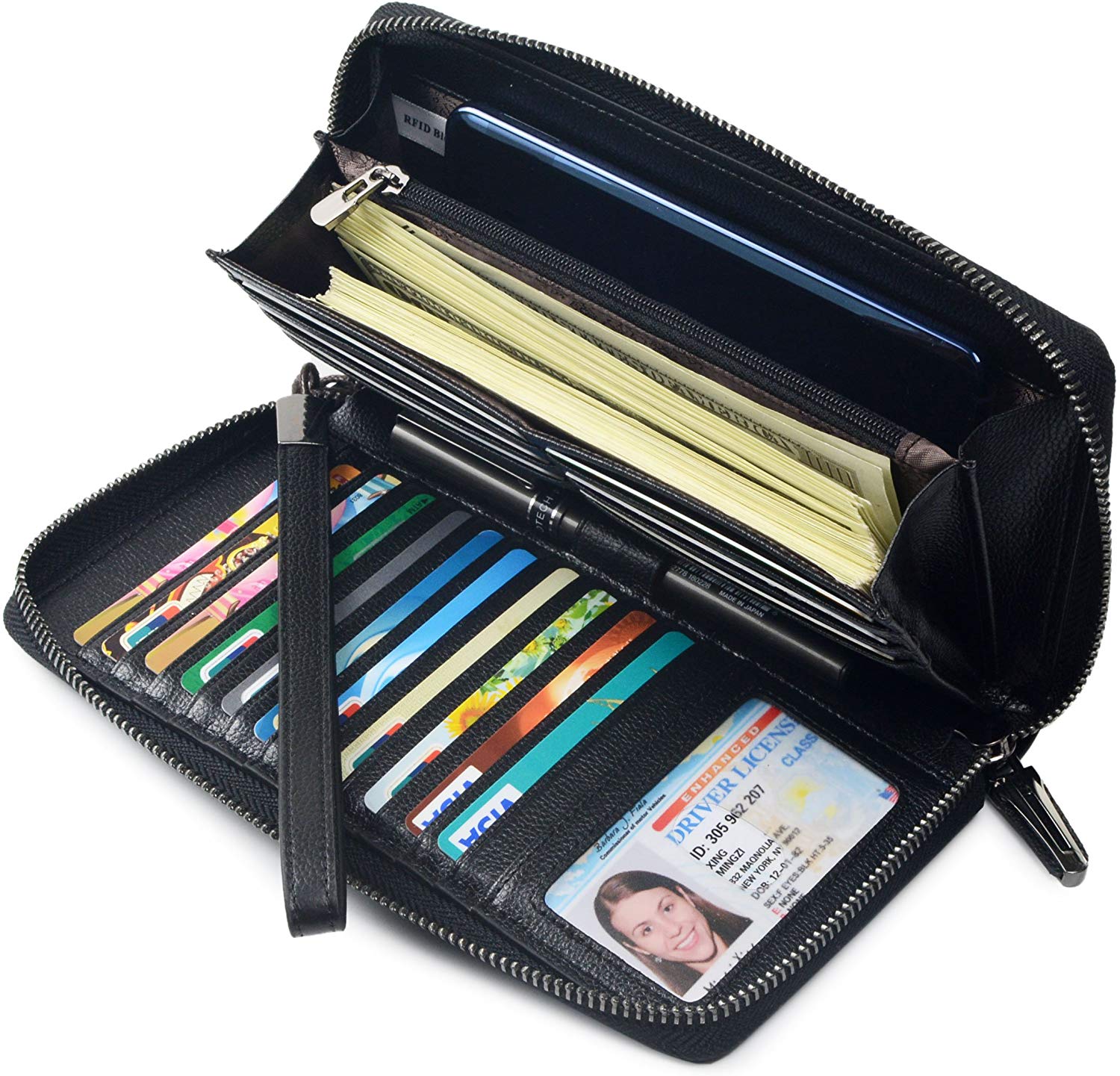 Price:$29.99    Women RFID Blocking Wallet Leather Zip Around Phone Clutch Large Travel Purse Wristlet (Black) …  Shoes
